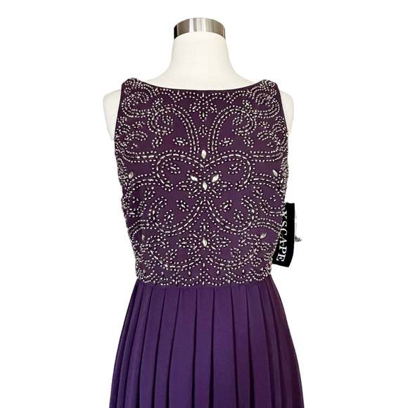 XSCAPE Purple Embellished Dress A-Line Chiffon Pleated Skirt Sleeveless Gown 6 - Picture 3 of 13